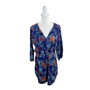 GAP Dress Womens Sz M Shift 3/4 Sleeve Keyhole Neck Blue Floral Tie Waist Casual